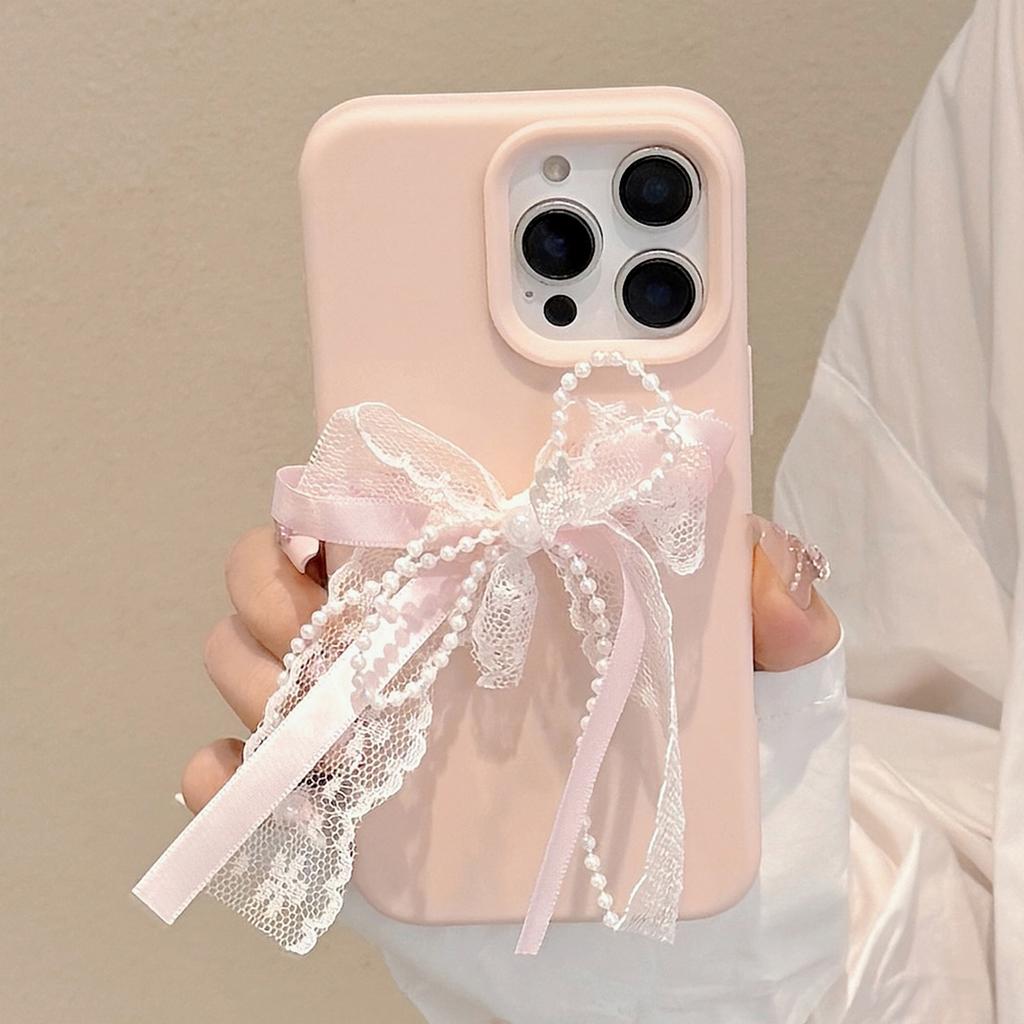Pink Lace Pearl Knot Iphone16 Suitable for 17 IPhone Case 14pro Max Silicone 13 Three Dimensional 15