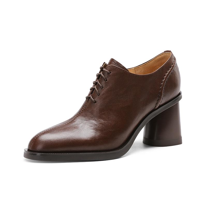 Fashion 2025 New Autumn Women Shoes Round Toe High Heels Genuine Leather Chunky Heel Women Pumps Retro Lace Up Black Shoes for Women