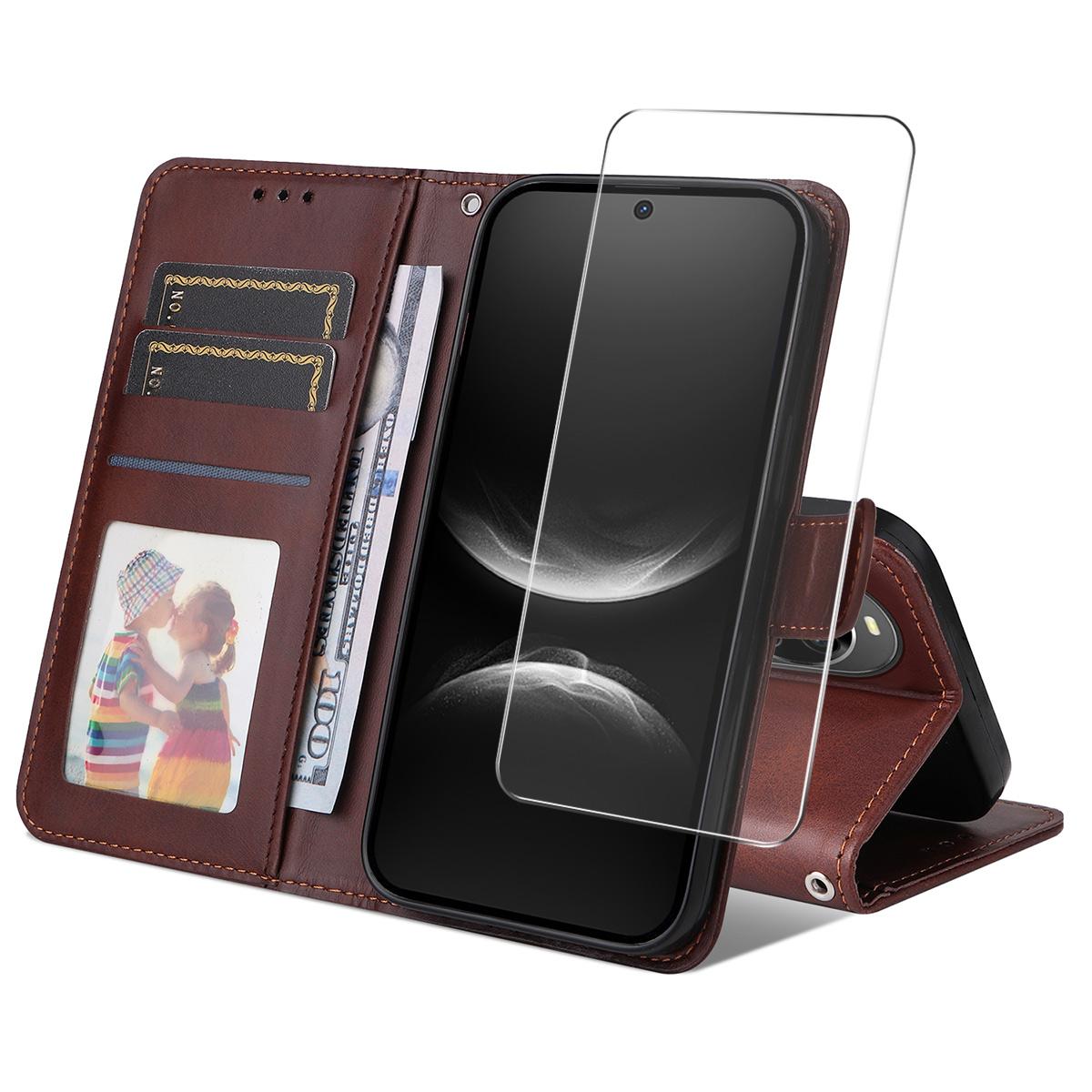 

For Huawei nova 14 5G PU Leather Wallet Case Phone Stand Cover with Tempered Glass Brown