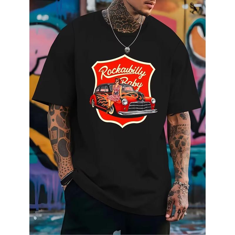 European sizes Men S American Retro Car Print T-Shirt, Summer Round Neck Casual Top, Breathable Comfortable All-Match Short Sleeve Shirt S чёрный