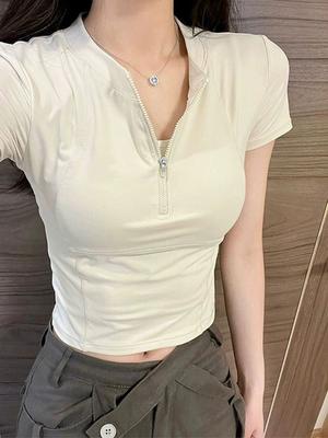 Women Cycling T-shirts Short Sleeve Sports Tees Zipper Stand Collars Tops Short Sleeve Girls Casual Tees Streetwear