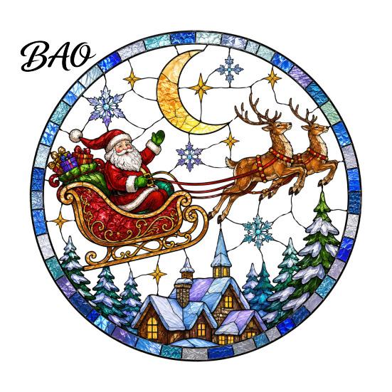 Christmas Home Window Decor Santa Sleigh Suncatcher Cling, Stained Glass Style Static Glue Free Sticker Sticker, Rainbow Film Xmas for Shop Storefront