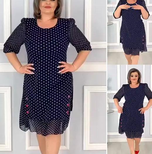 Polka Dot Dress For Women, Round Neck, Short Sleeves, Mid-length Polka Dot Skirt. XXXXXL тёмно-синий