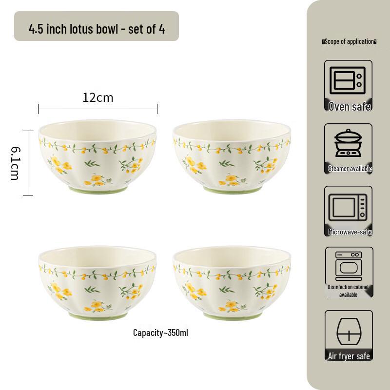 KANGMO 4.5-inch Ceramic Double-Handle Lotus Bowls, Yellow Glaze (4-Pack)