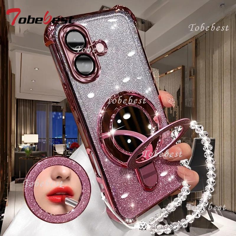 

Для iPhone 16 16E 15 14 13 12 11 Pro XS Max X XR Чехол с блестящим покрытием, зеркалом для макияжа, магнитным держателем для телефона, браслетом-крышкой iPhone XR розовый