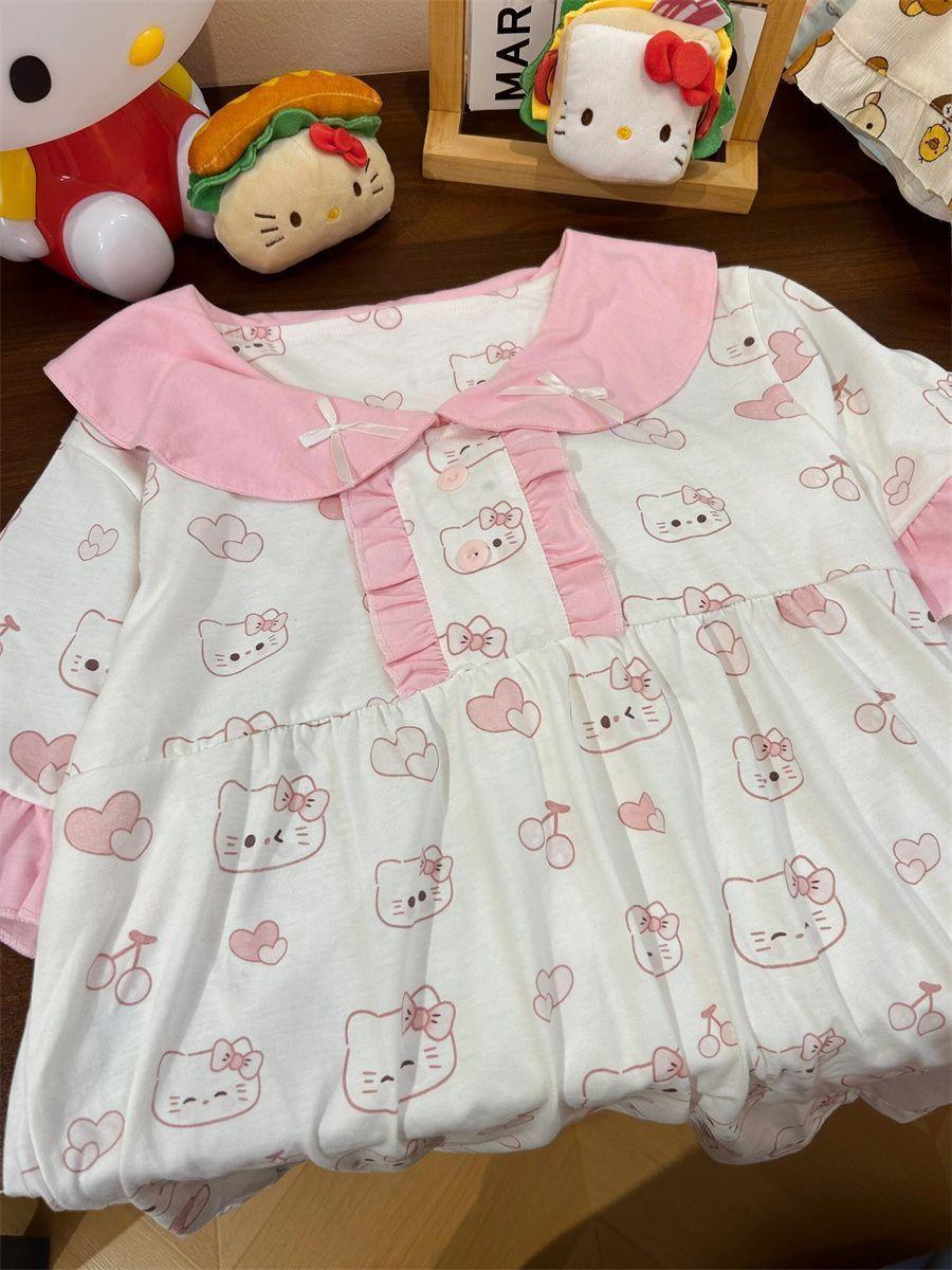 

Cute doll collar Hello Kitty pajamas women s summer contrasting color edge short-sleeved shorts set girl loose loungewear S