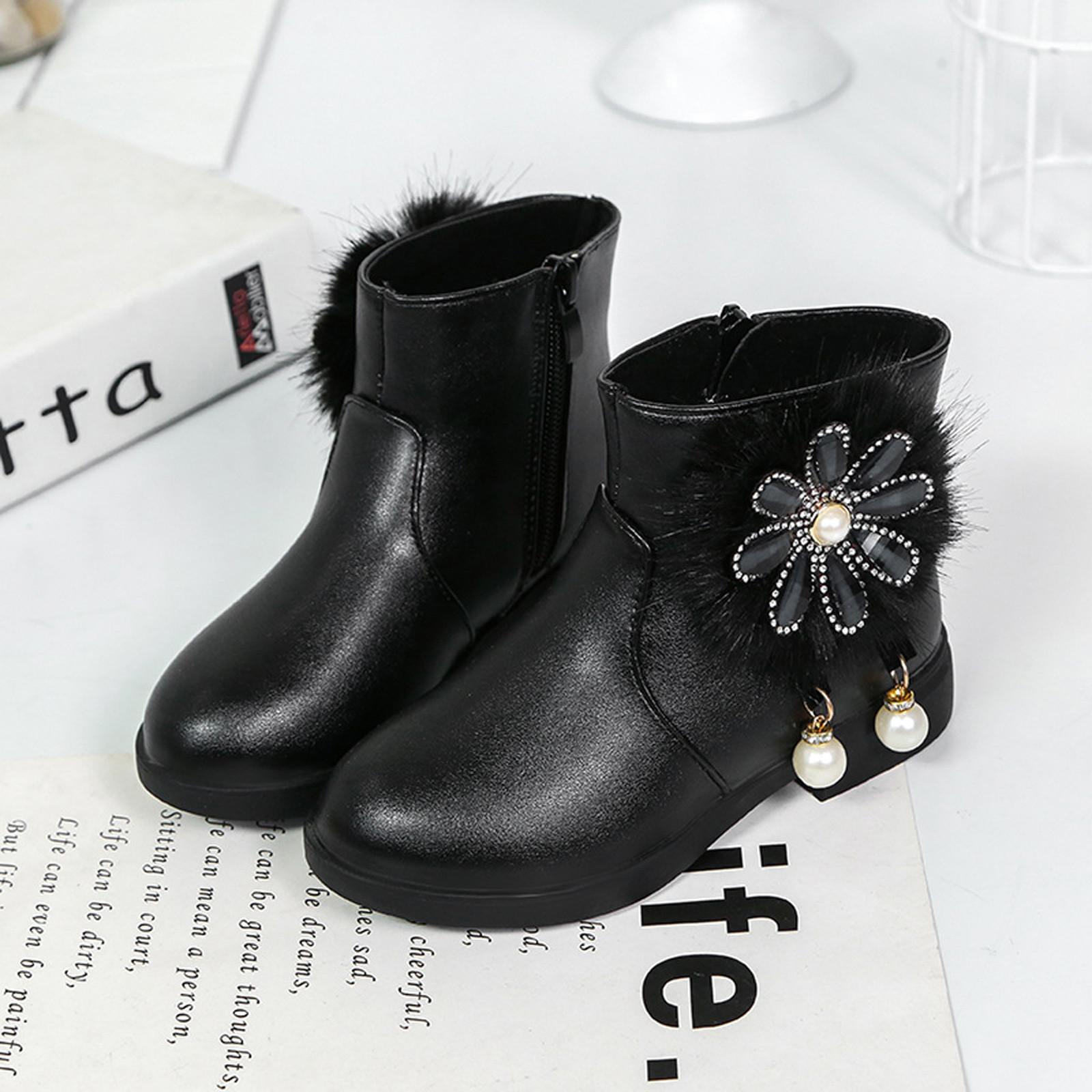 

Чоботи для дівчаток Дитячі дитячі черевики принцеси з квітковою шкірою з перлинами Зимові чобітки 33 чорний