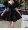 Women's Black Jacquard V-Neck Lantern Sleeve Summer Dress