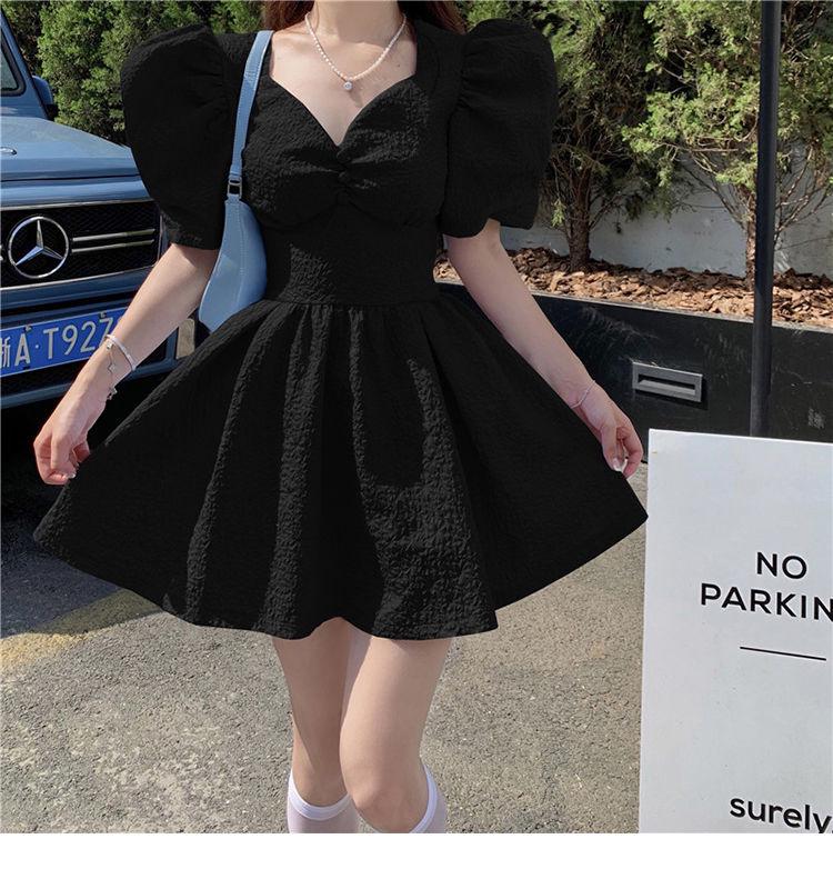 Women's Black Jacquard V-Neck Lantern Sleeve Summer Dress