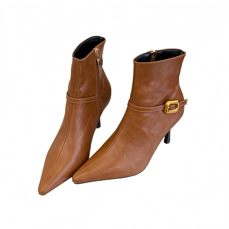 Rich retro pointed belt buckle high-heeled short boots autumn and winter new side zipper thin high-heeled thin short boots