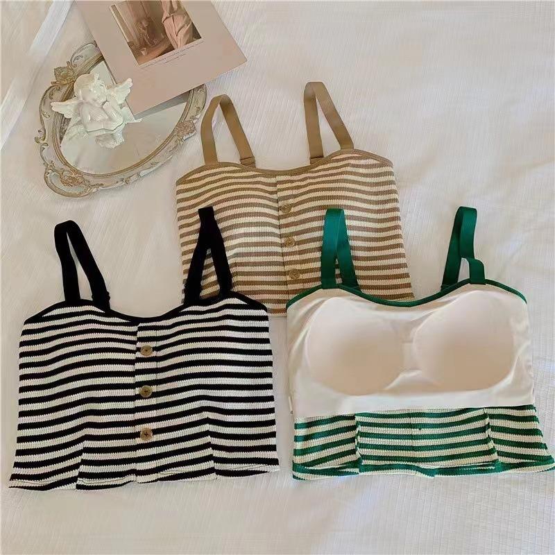 Fixed cup striped female slim slim inner top knitted one-piece with chest pad sling vest