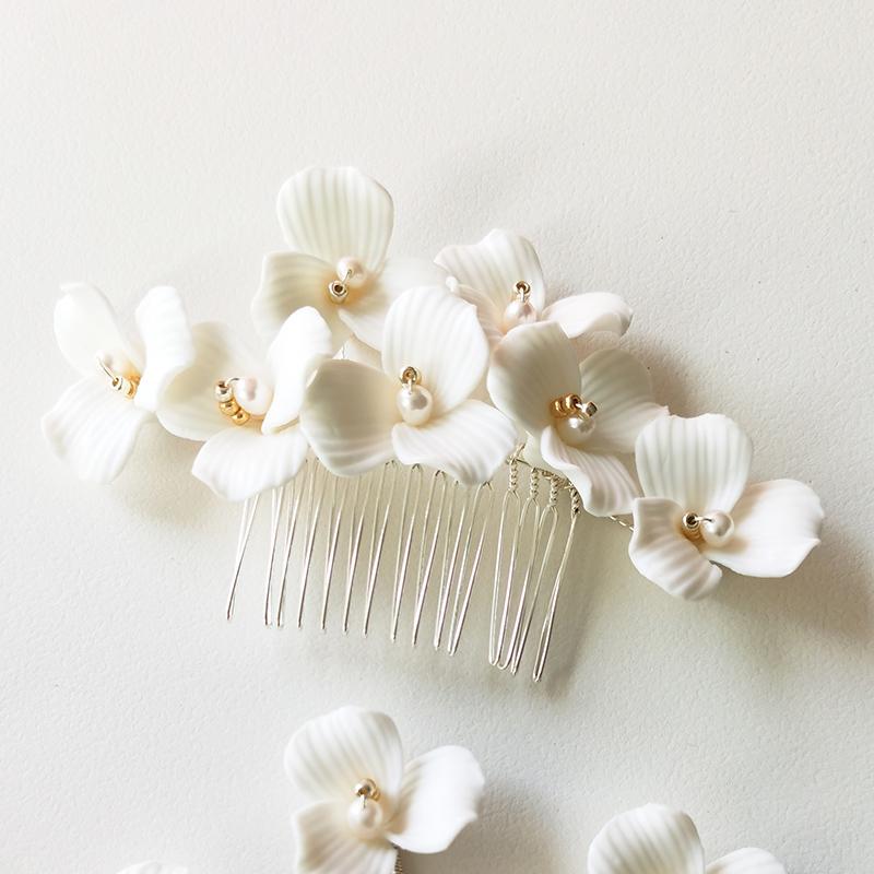 Diadema da Sposa Fiore in Argilla Ceramica Cristallo Perla Pettine per Capelli Spille Accessori Copricapo da Donna per Matrimonio Festa Idee Acconciature