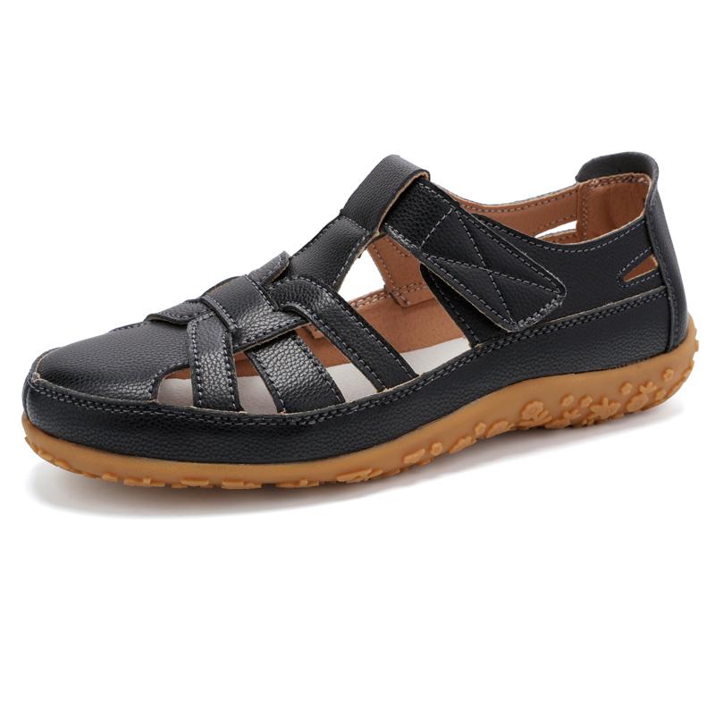 Fashion Women's Casual Sandals Summer Breathable Genuine Leather Flat Shoes Comfortable Round Toe Soft Soled Outdoor Shoes Zapatos