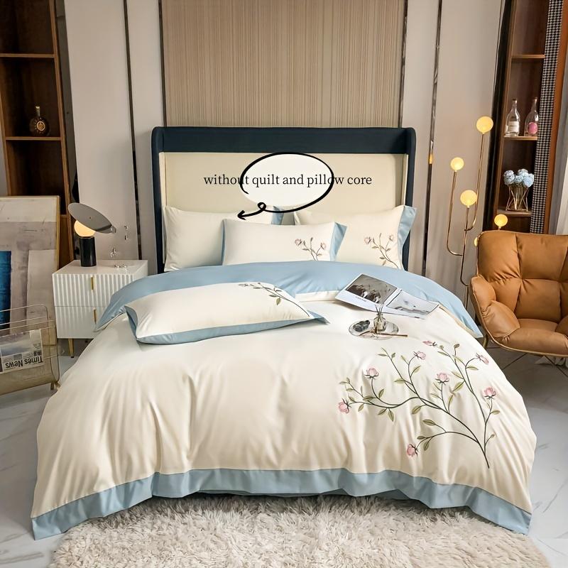 3pcs Elegant Embroidery Duvet Cover Set (1*Duvet Cover + 2*Pillowcase, Without Core), Blue Pink Soft Bedding Set for Summer