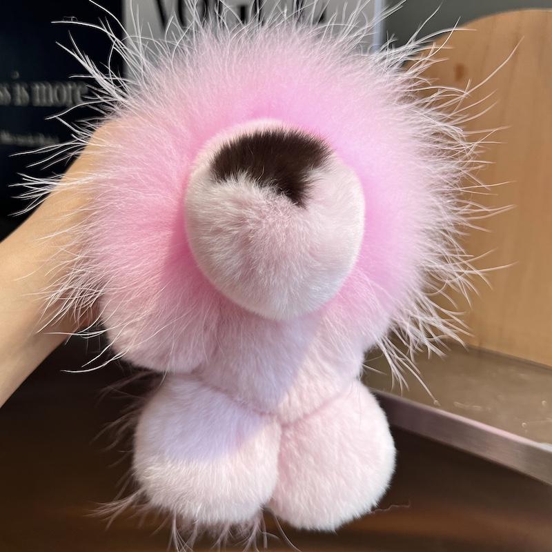 Cute Lion Real Rex Rabbit Fur Keychain Plush Toys Trinkets Women Bag Ornaments Pendant Car Keyring Rearview Mirror Decoration