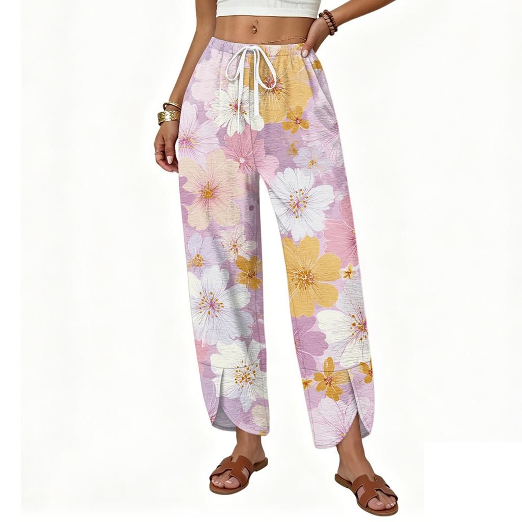 Women Casual Straight Leg Wide Leg Loose Fit Drawstring Floral Print Pants Lightweight Comfortable Trousers for Daily Wear