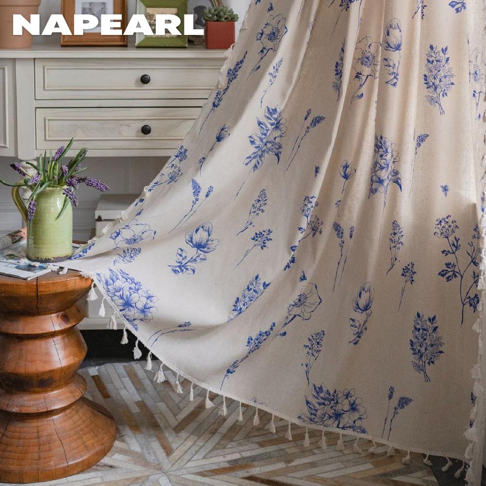 1 szt. NAPEARL Vintage w stylu wiejskim, kwiatowy nadruk, frędzle, półzaciemniająca zasłona na małe okno, do kuchni, sypialni, salonu, na balkon, dekoracja domu