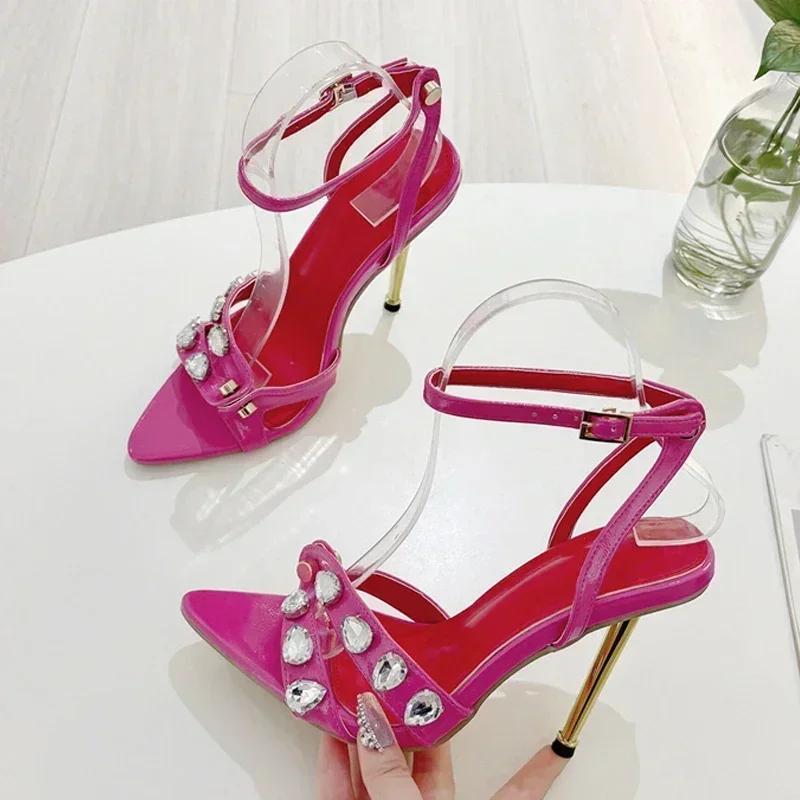 Fashion Sexy Pointed Toe Open Toe Thin High Heels Women Gem Metal Rivet Design Narrow Band High Heeled Sandals Luxury Party Dress Shoes