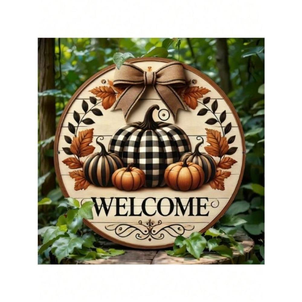 Farmhouse Round Tin Sign Pumpkin Wreath Home Garden Wall Decor