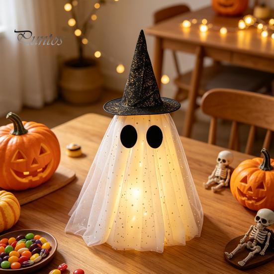 Versatile Holiday Window Display Halloween Ghost Decor, Spooky Sequin Mesh Fabric with Witch Hat/Bow, Healing Style Decor Small Standing Tabletop
