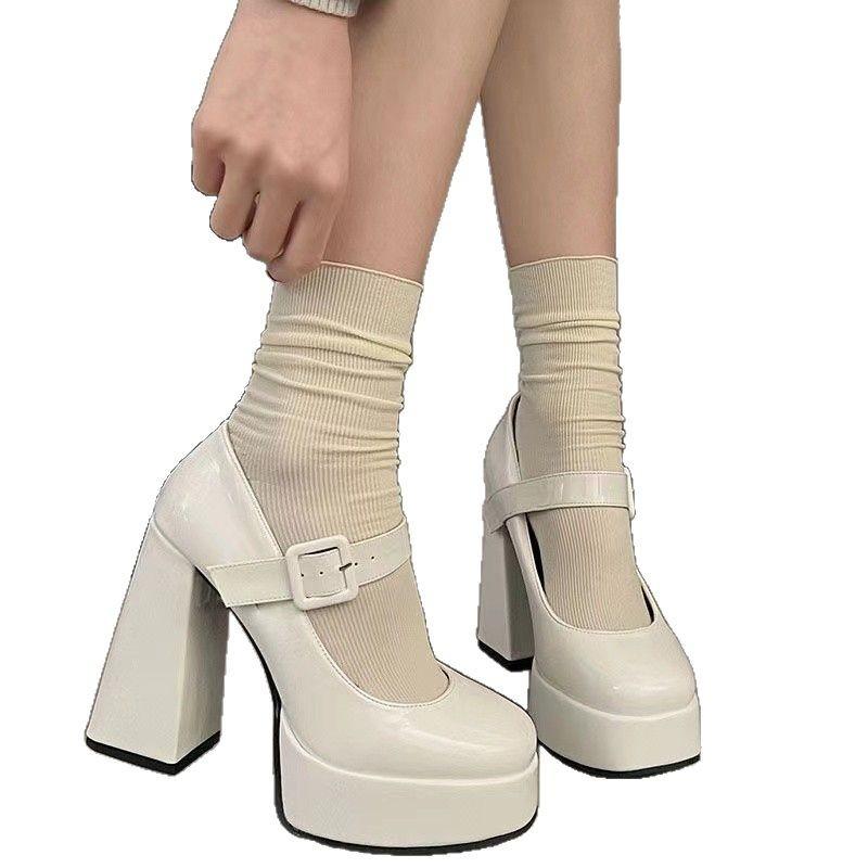 Mary Jane Shoes Thick Heel Waterproof Platform Thick Sole Heightening Japanese Spice Girl Patent Leather Black Temperament High Heel Small Leather
