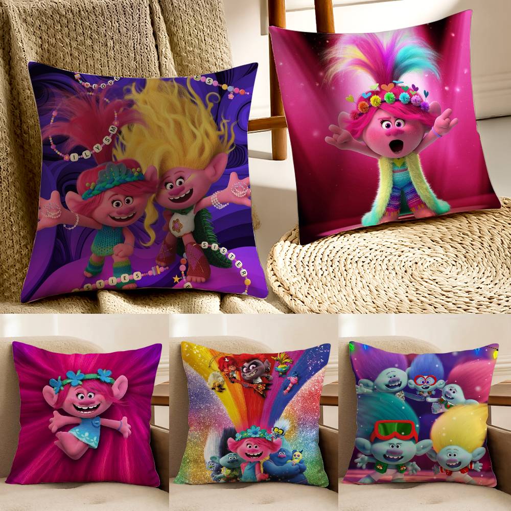 T-TrollsS Cartoon Pillow Case Plush Linen Soft Double Sided Printed Design Throw Cushion Decorative Home