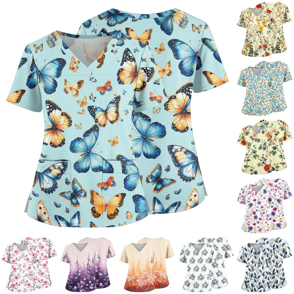 Floral Print V Neck Medical Scrub Top with Pockets Side Slits Short Sleeve Nurse Uniform Shirt for Women Comfortable Fit