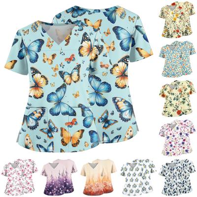 Floral Print V Neck Medical Scrub Top with Pockets Side Slits Short Sleeve Nurse Uniform Shirt for Women Comfortable Fit