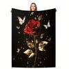 Elegant Red Rose Blanket - Soft Cozy Throw with Gold Accents and Butterflies, Perfect for Home Decor, Unique Romantic Gift