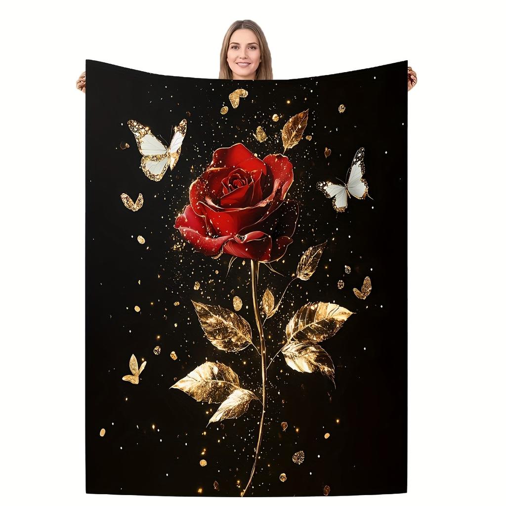 Elegant Red Rose Blanket - Soft Cozy Throw with Gold Accents and Butterflies, Perfect for Home Decor, Unique Romantic Gift