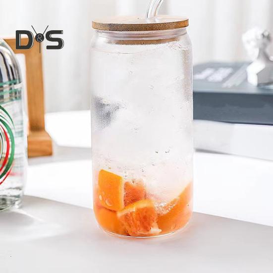 Glass Tumbler with Bamboo Lid Brushes Straw 470ml Can Shaped Glass Cups for Iced Coffee Soda Tea Beer & Ice Coffee Glasses Reusable Glassware