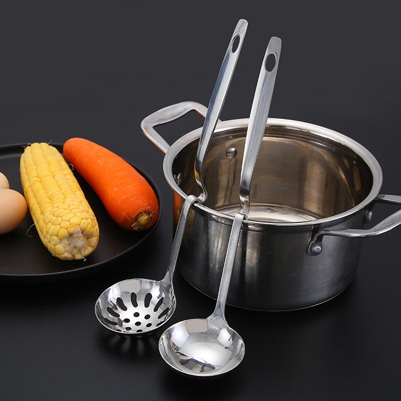 Stainless Steel Kitchen Utensil Set: Soup Ladle, Slotted Spoon, Wall Hanging Hot Pot Spoon, Long Handle, Thickened Design