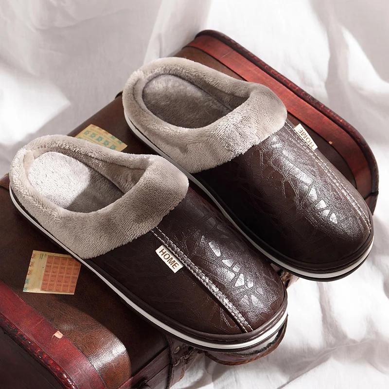 Fashion Men's Home Winter Indoor Slippers Warm Shoes Thick Bottom Plush Waterproof Leather House Man Slippers Cotton Flat Couple Shoes