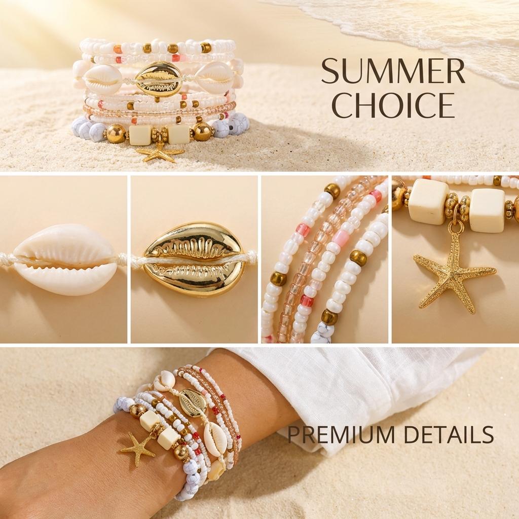 Bohemian Multilayer Shell Starfish Bracelets for Women Summer Beach Elastic Beaded Anklet Bracelet Set Vacation Jewelry Gift