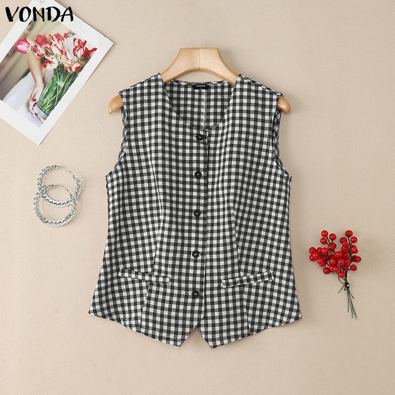 

VONDA Womens Casual Sleeveless Plaid Buttons Up Vest Tank Tops M чёрный