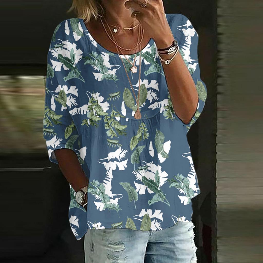 Top casual de damă cu mâneci trei sferturi, larg, cu gât rotund și imprimeu floral