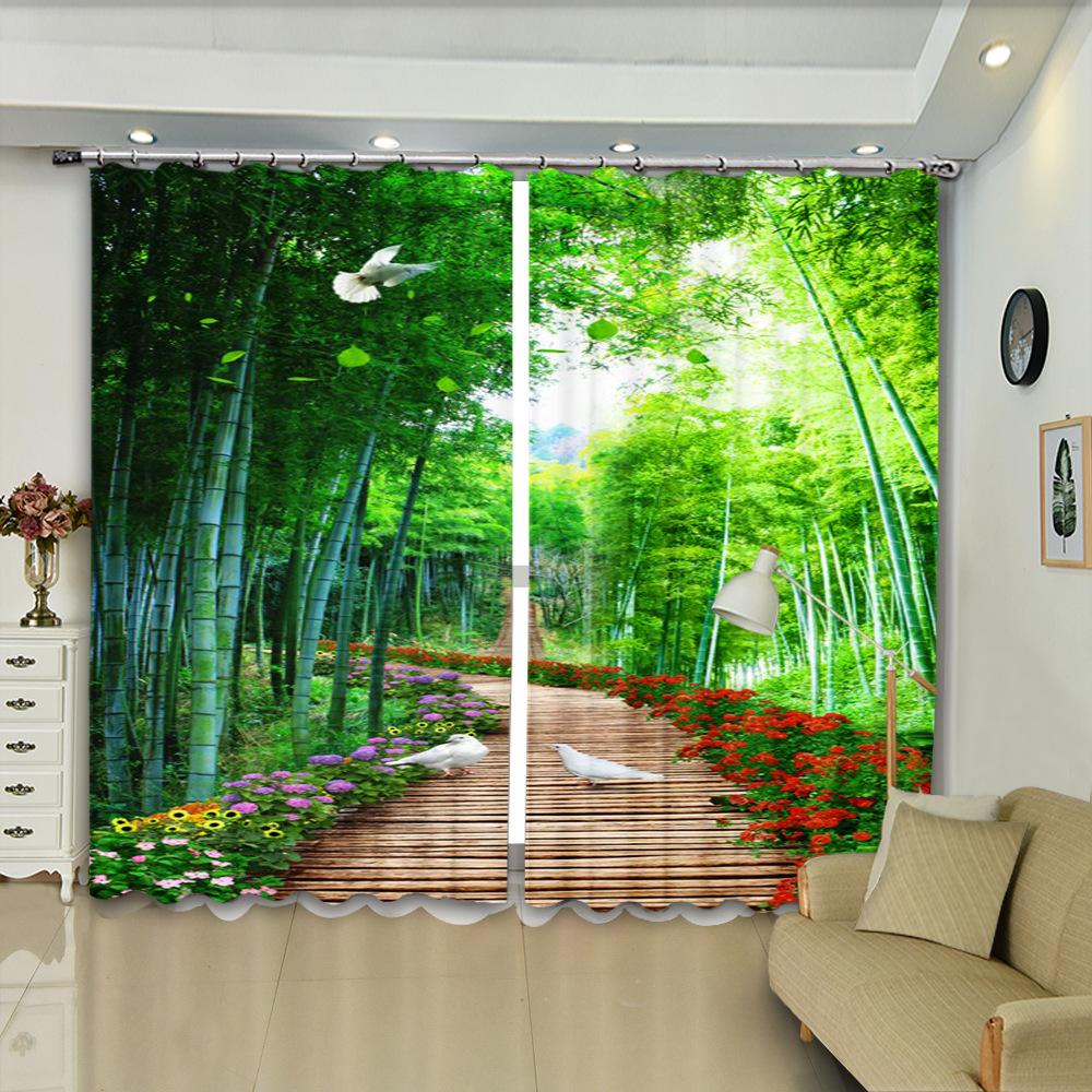 Zelená přírodní scenérie Realistický 3D tisk tenký okenní závěs do obývacího pokoje Scénické stínící závěsy do ložnice s háčkem