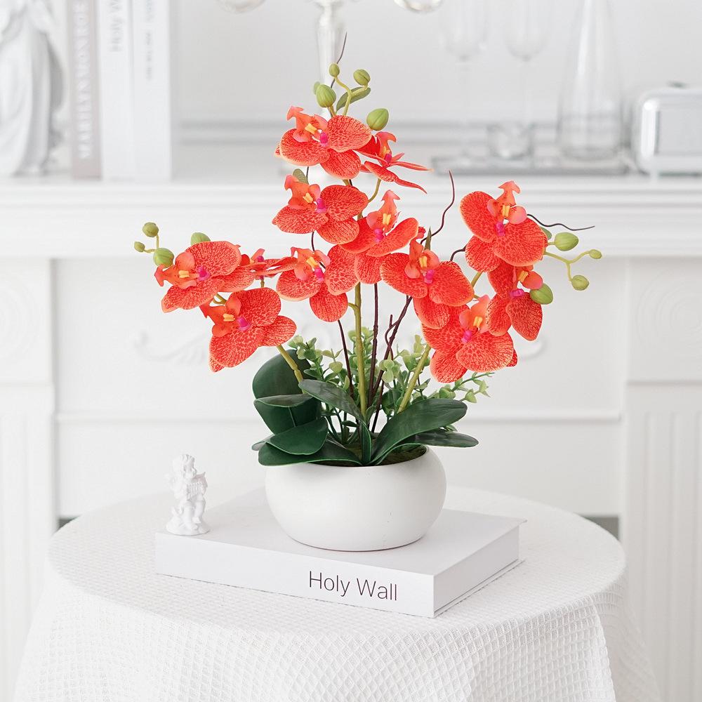 Phalaenopsis Artificial Flower Arrangement in Ceramic Pot – Decorative Faux Orchid for Living Room
