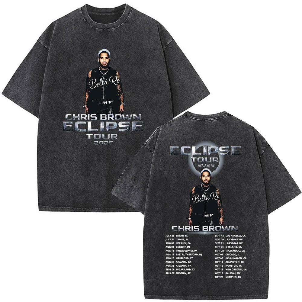 Rapper Chris Brown Eclipse Tour Merchandising Concerto Maglietta Lavata Vintage Regali per Fan Uomo Donna Moda Hip Hop Magliette Oversize