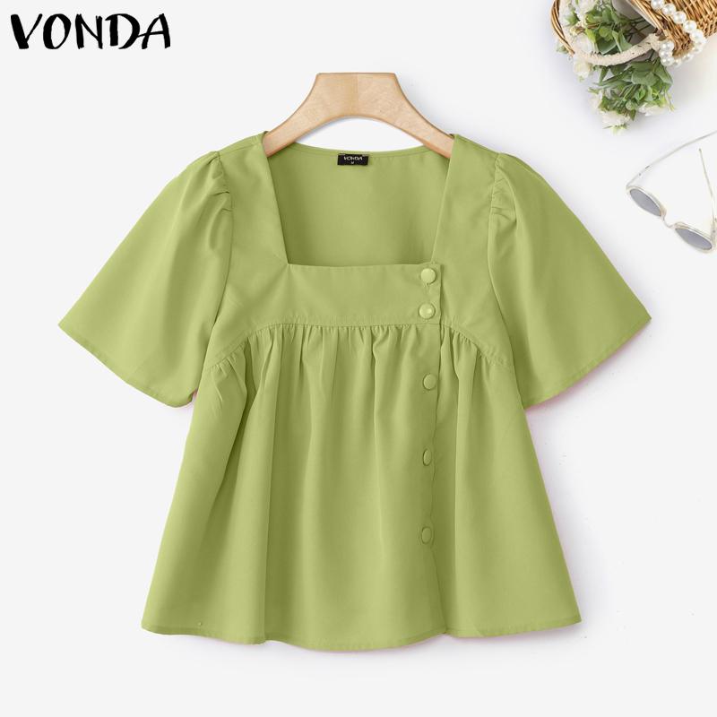 

VONDA Женская Летняя Блузка с Квадратным Вырезом, Коротким Рукавом, Пуговицами, Повседневная, с Рюшами S зелёный