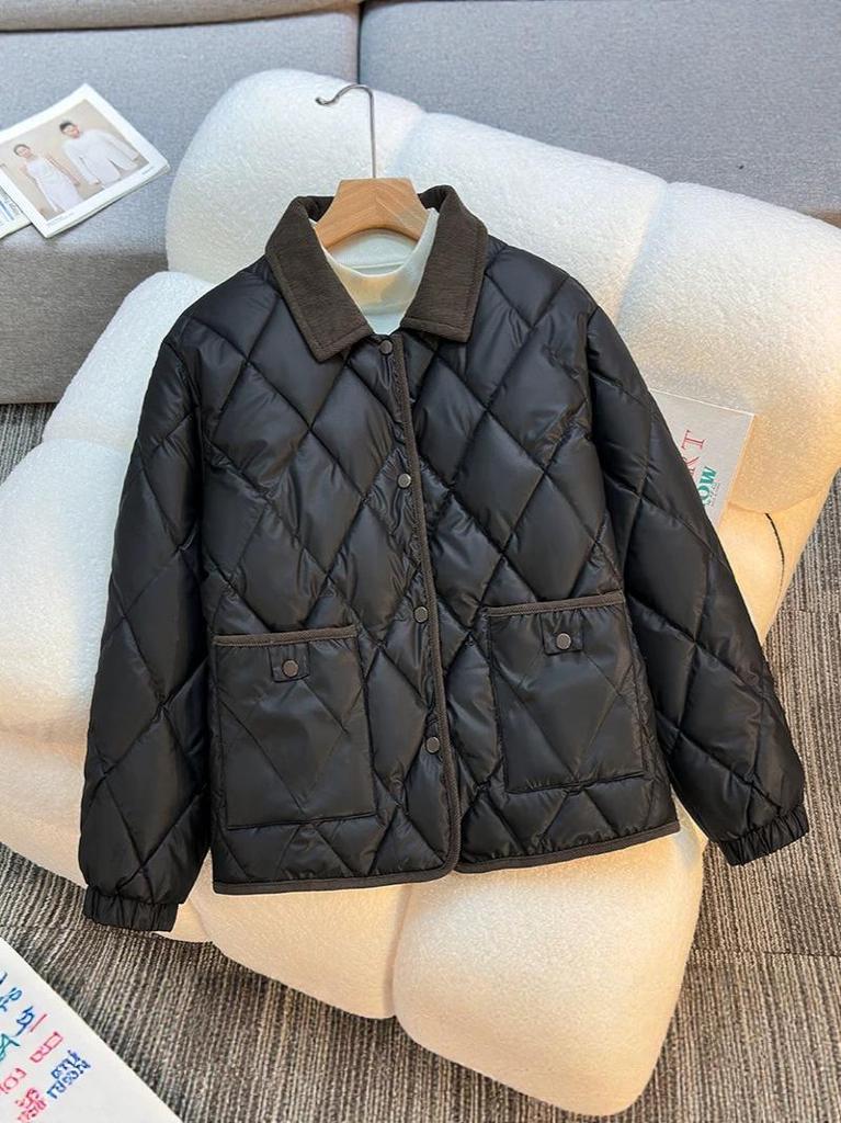 Cross-Diamond Quilted Down Collar Color-Block Slimming Winter Jacket 2026 - Trendy Versatile Short & Loose Fit