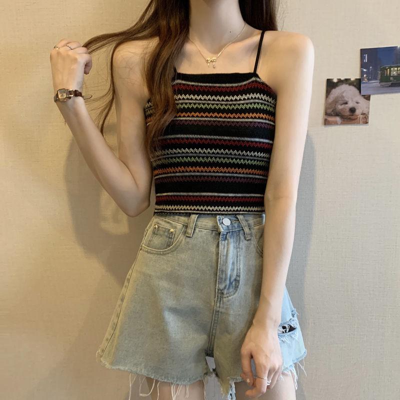 Women's Striped Knitted Camisole Vest Summer French Style Stylish Slim Fit Slimming Bottom Shirt Sleeveless Top