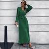 Women V Neck Long Sleeve Pleated A Line Solid Color Lace Up High Waist All Match Dresses S-XXL