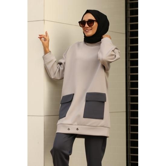 Costume islamice pentru femei, cu buzunar supradimensionat, cu talie elastică, hijab, costum casual și confort
