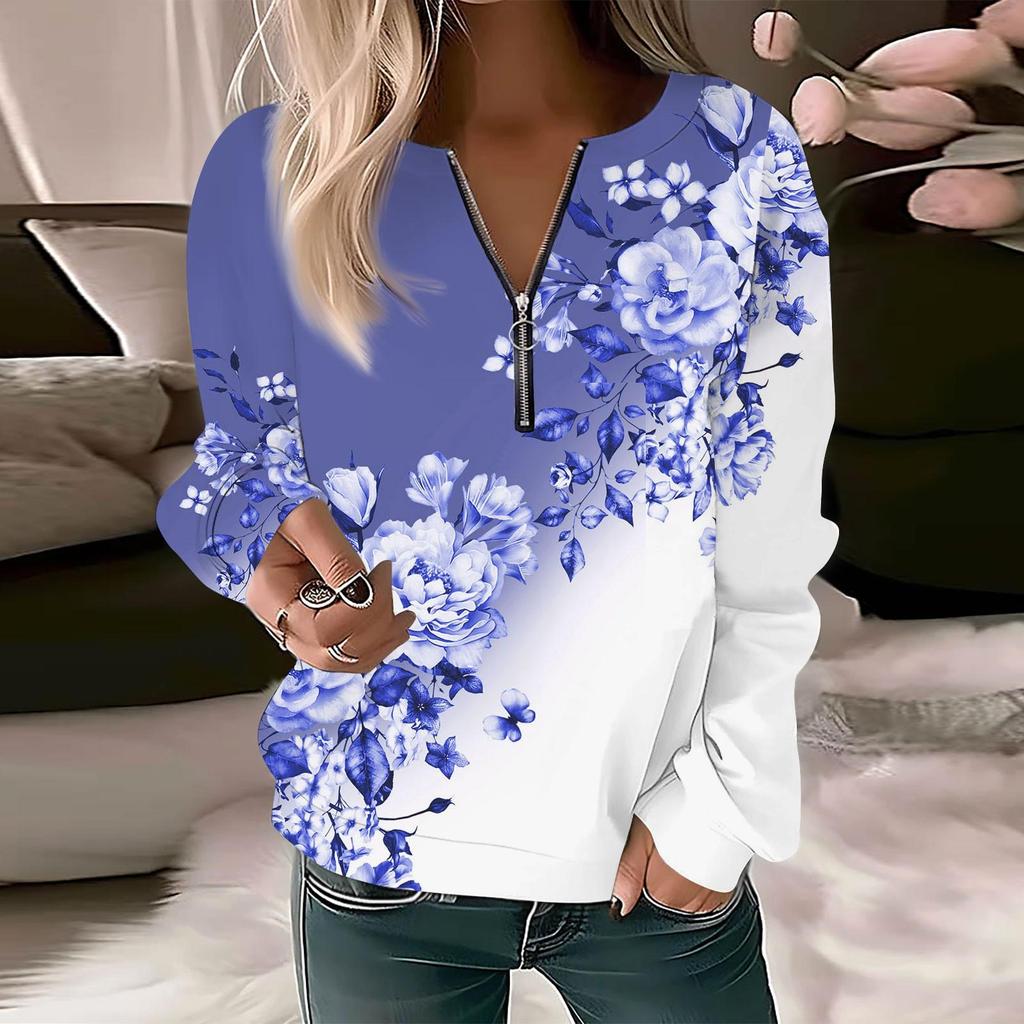 Women Sweatshirt Pullover Basic Quarter Zipper Long Sleeve Print Flowers Hoodie Casual Top