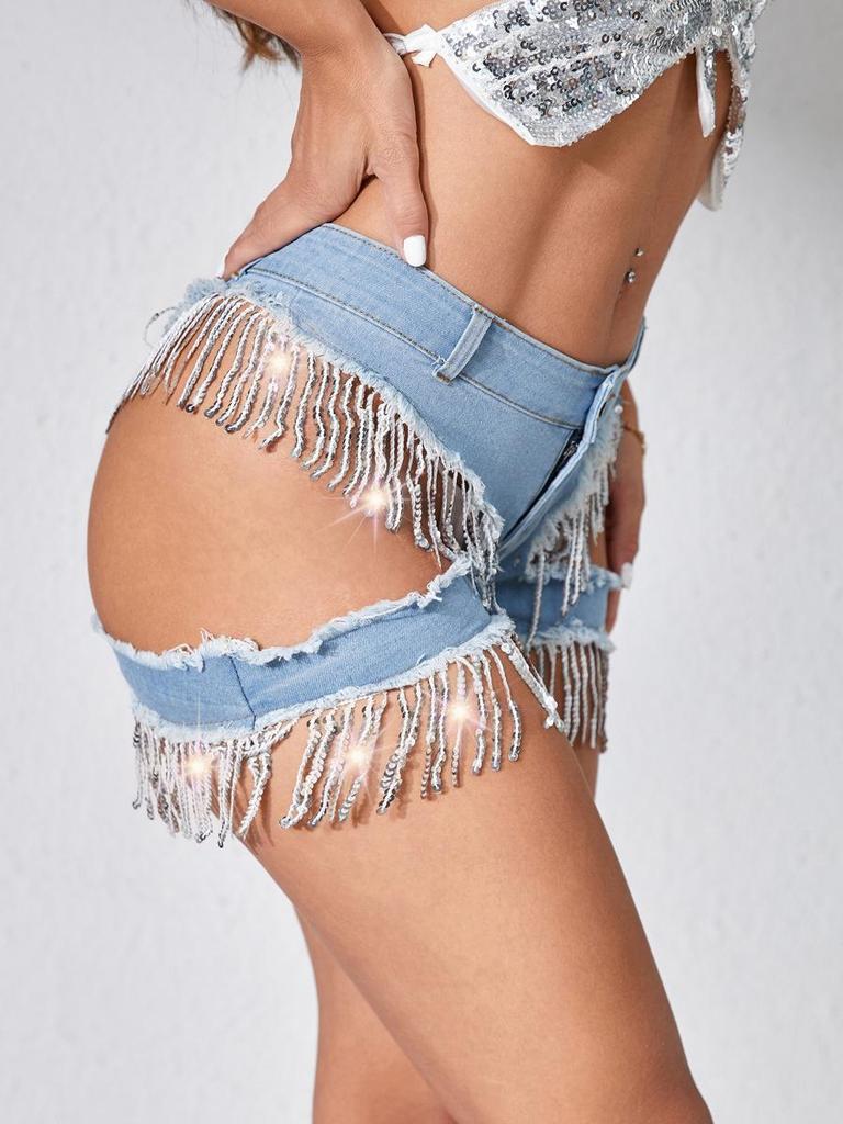 Hoge Taille Denim Shorts met Kwastjes, Pailletten en Scheuren voor Dames