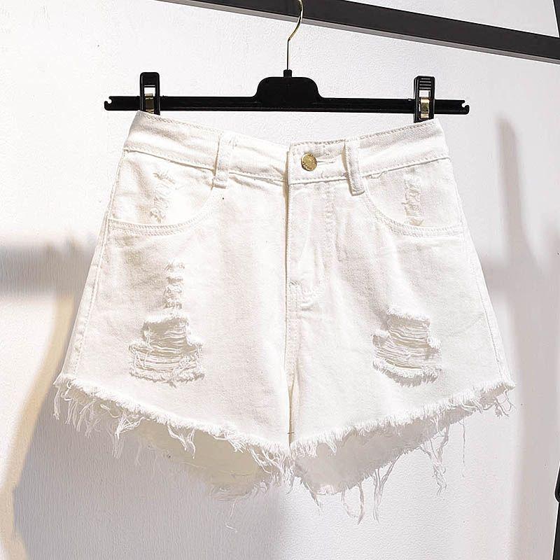Plus Size Women s High Waist Frayed Denim Shorts - Summer A-line Ripped Wide Leg Style S белый