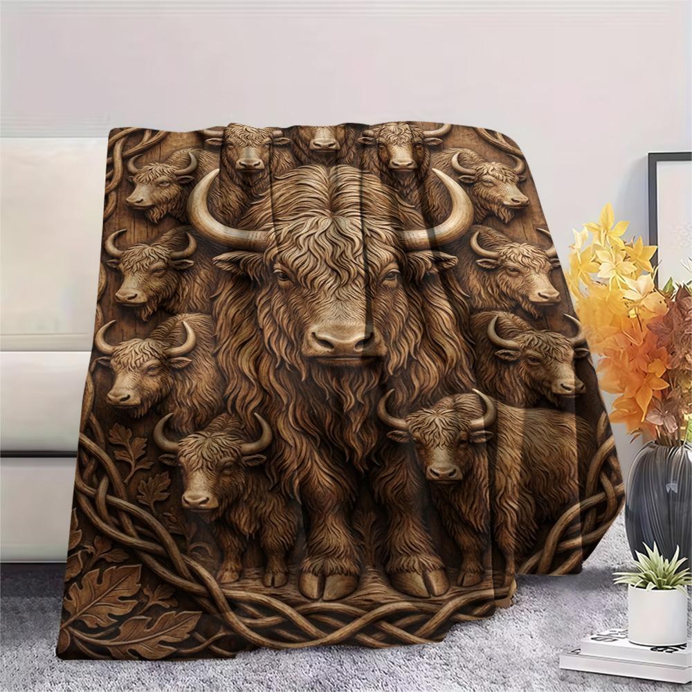 1PC Woodcarved Wildlife Art Print FlAannel Blanket, High quality Comfortable for All Seasons, Home Decor, Warmth and Comfort