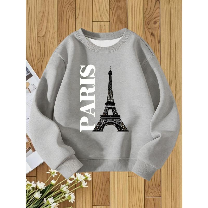 European Size Eiffel Tower Print Unisex Round Neck Sweatshirt, Autumn and Winter French-Style Romantic Look, Perfect Gift for Girls