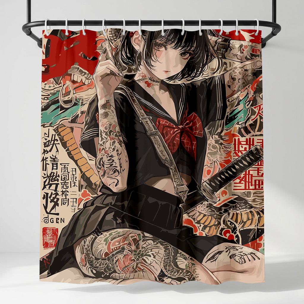 

Japanese Anime Tattoo Girl Shower Curtain, Retro Manga Samurai Katana Bathroom Decor, Aesthetic Gothic Fabric Bath Curtain W60H190(CM)-1 Pcs